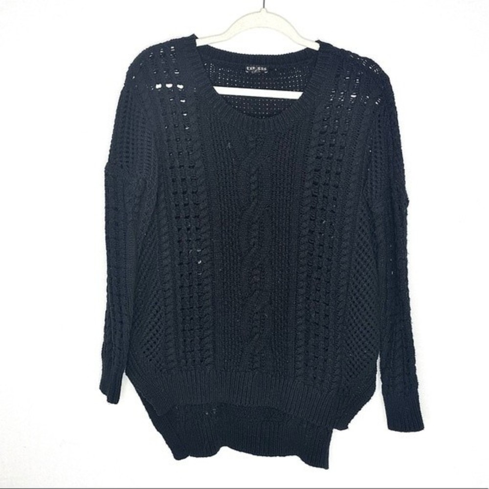 Express Oversized Black Cable Knit Crew Neck Sweater, XS